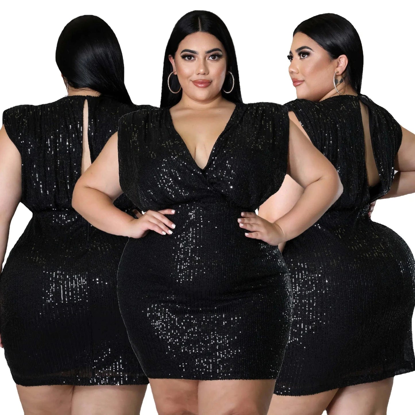 XL / Black Summer Wear Plus Size Sequins Dress for XL-5XL Women Clothing Solid Sexy V-neck Plus Size Women Dress
