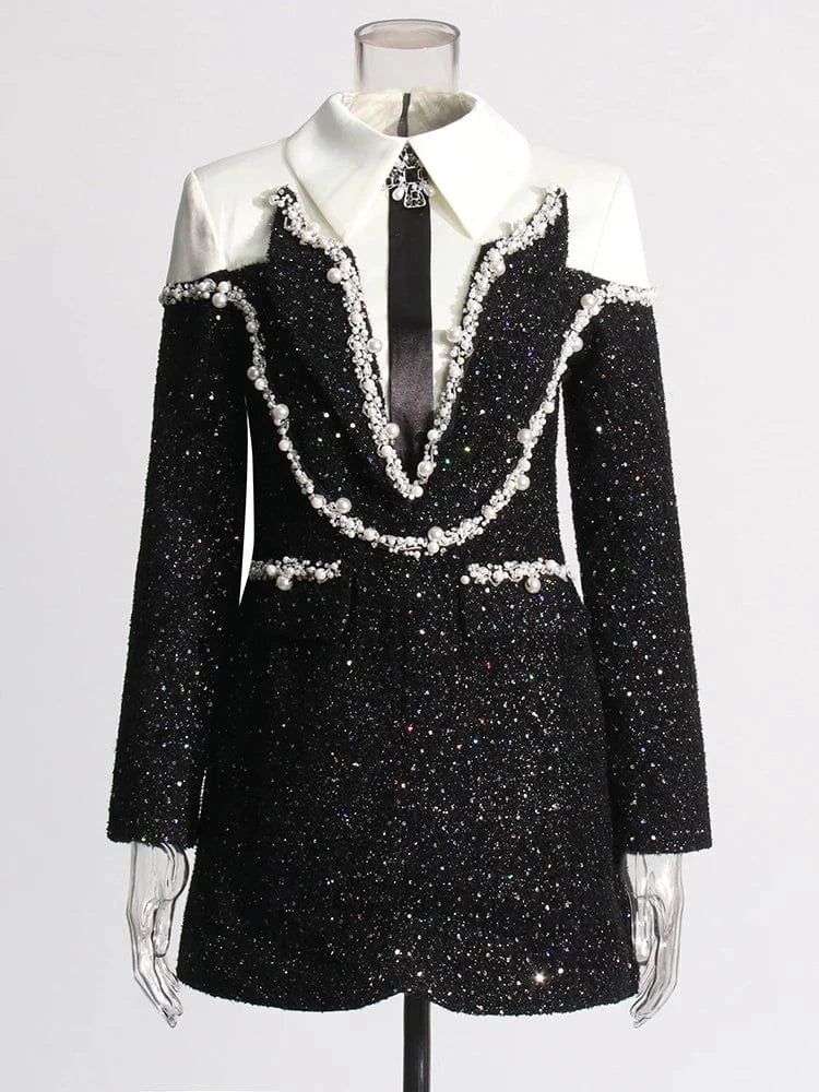XL / Black TWOTWINSTYLE New High-end Design Lapel Contrast Diamond Shining Sequin Pearl Black Dress Fall Sexy Elegant Women's Dresses