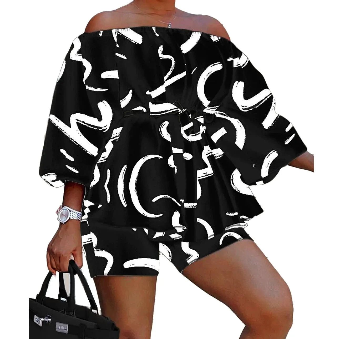 XL / black white Z117802 2024 Print Ladies spring print Casual Off Shoulder Puff Sleeve plus size short sets women two piece for plus size women