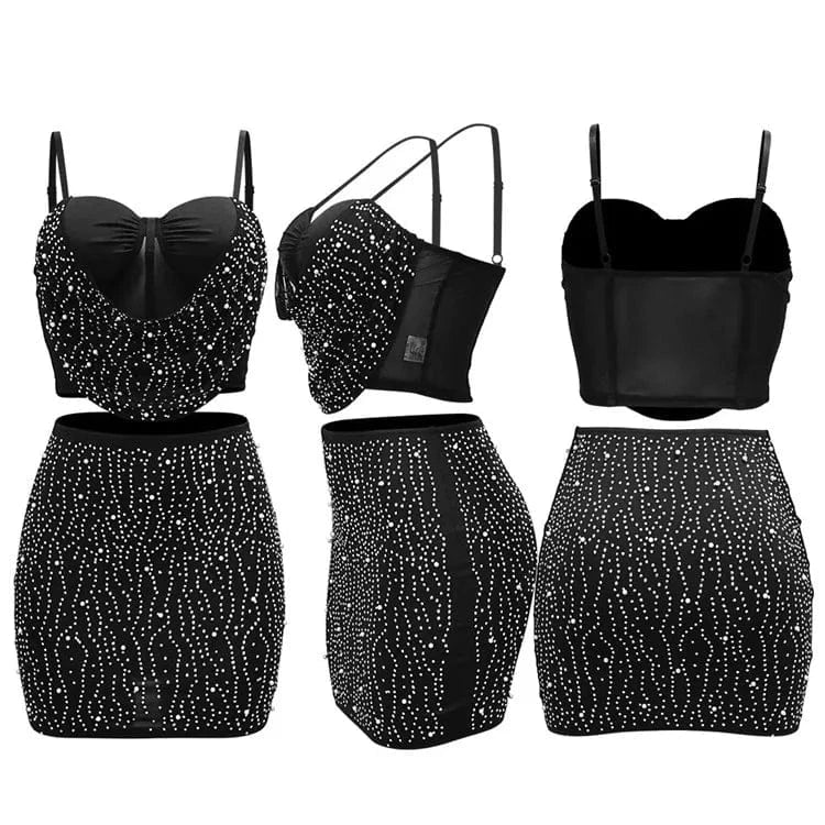 XL / Black Women Diamonds Hot Rhinestones Midi Mini Skirt Suit and Strap Plle Neck Crop Top 2024 Sexy Two 2 Piece Dress Sets