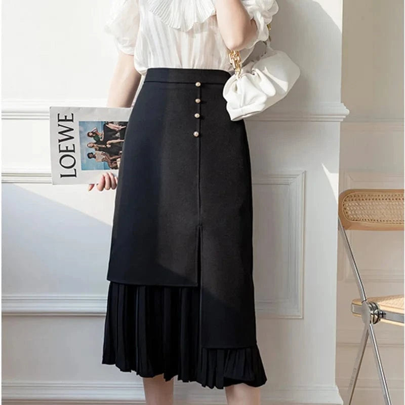 XL / Black Women's Korean Style Elegant High Waist Slim Skirts Asymmetrical Pleated Patchwork Long Midi Skirt Office Ladies Jupe Femme