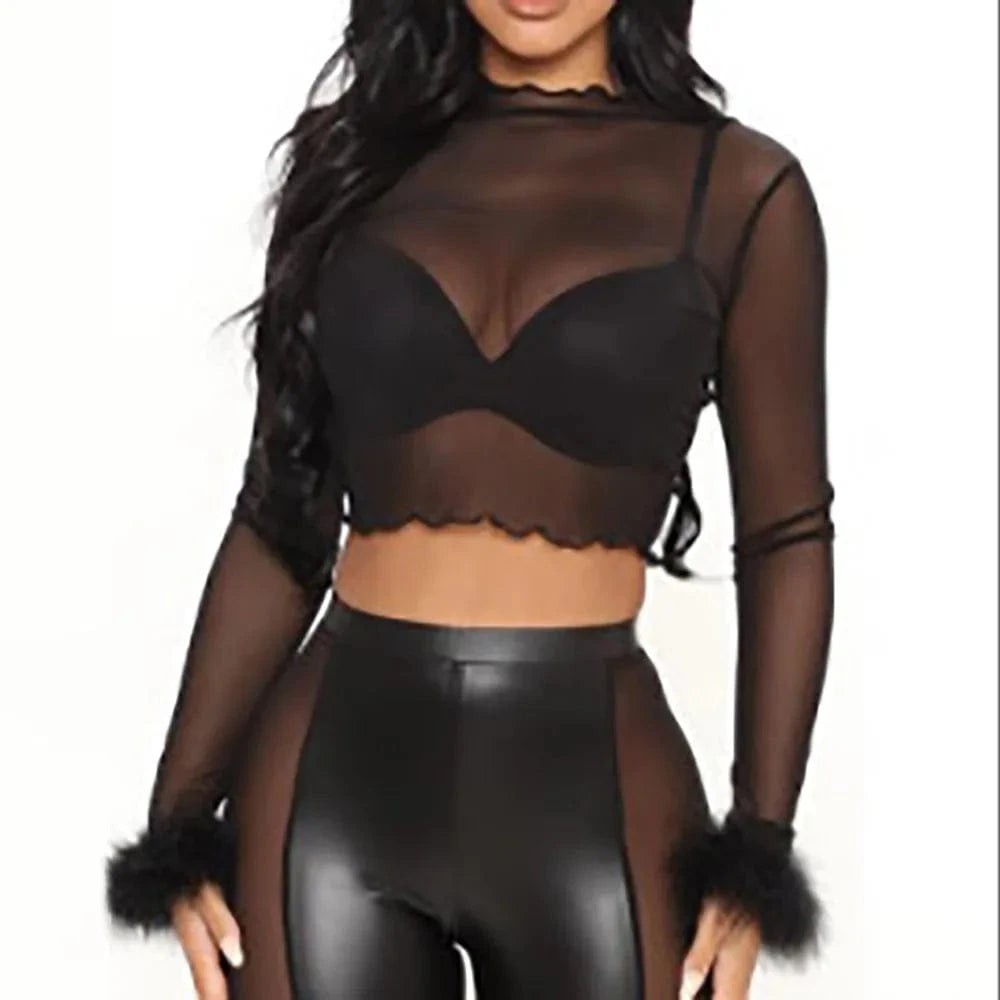 XL / Black Y2K Pink Fall Womens Crop Top Sexy Pullover Long Sleeve T-Shirt Women Clothing Ladies Mesh See Through Tops with Feathers