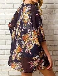 XL / Black Yellow Floral Kimono beach cover up Kimono Beach Custom Blue Casual Floral Bohemian Women Short Kimono Beach Cover Up Dress For Bikini Wrap