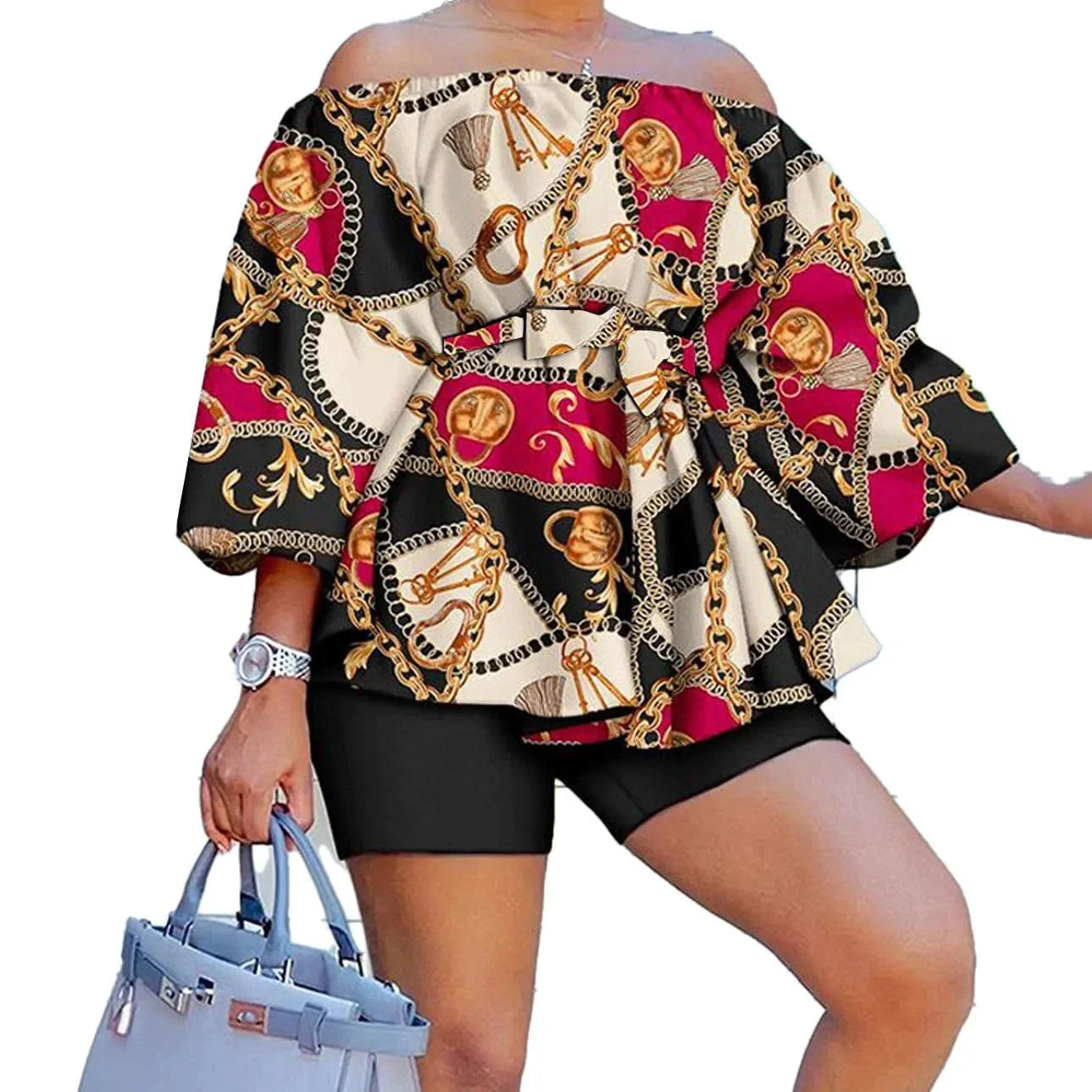 XL / Black Z117802 2024 Print Ladies spring print Casual Off Shoulder Puff Sleeve plus size short sets women two piece for plus size women