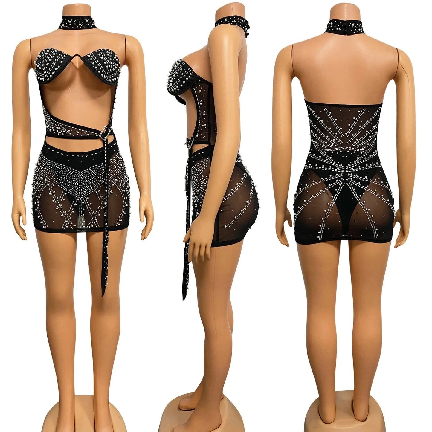 XL / Black ZHEZHE 2024 New Arrival Sexy See Through Tube Dress With Underwear Rhinestone 3 Piece Night Club Party Dress