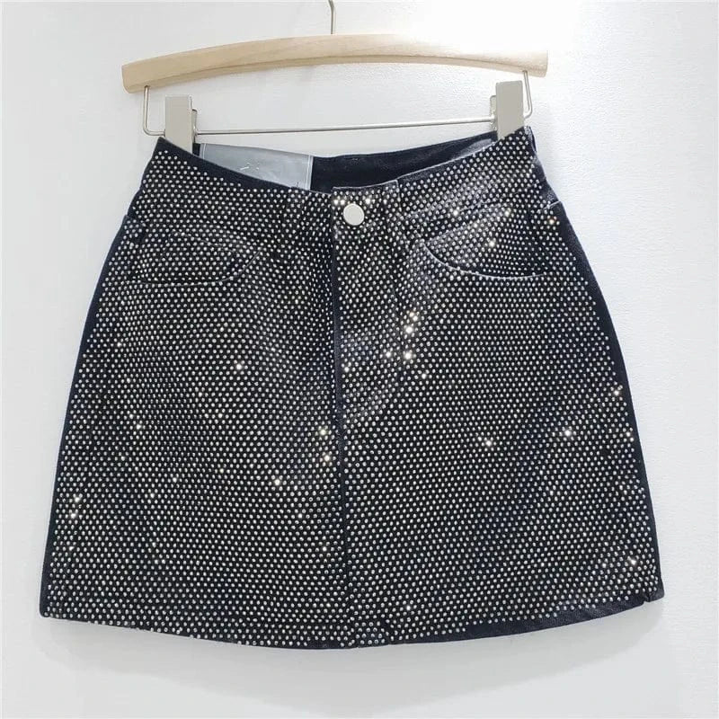 XL / Black ZHEZHE Fashion 2024 New Spring Hot-diamond High Waist Jean A-line Short Skirt Bodycon Sexy Casual Outfit Skirt For Women Lady