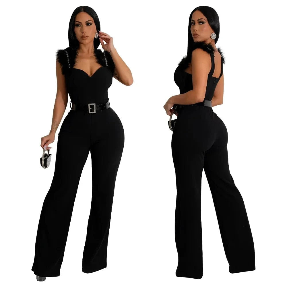 XL / Black ZHEZHE Fashion 2024 summer street wear women clothes boutique one piece sleeveless feather strap sexy jumpsuit with belt
