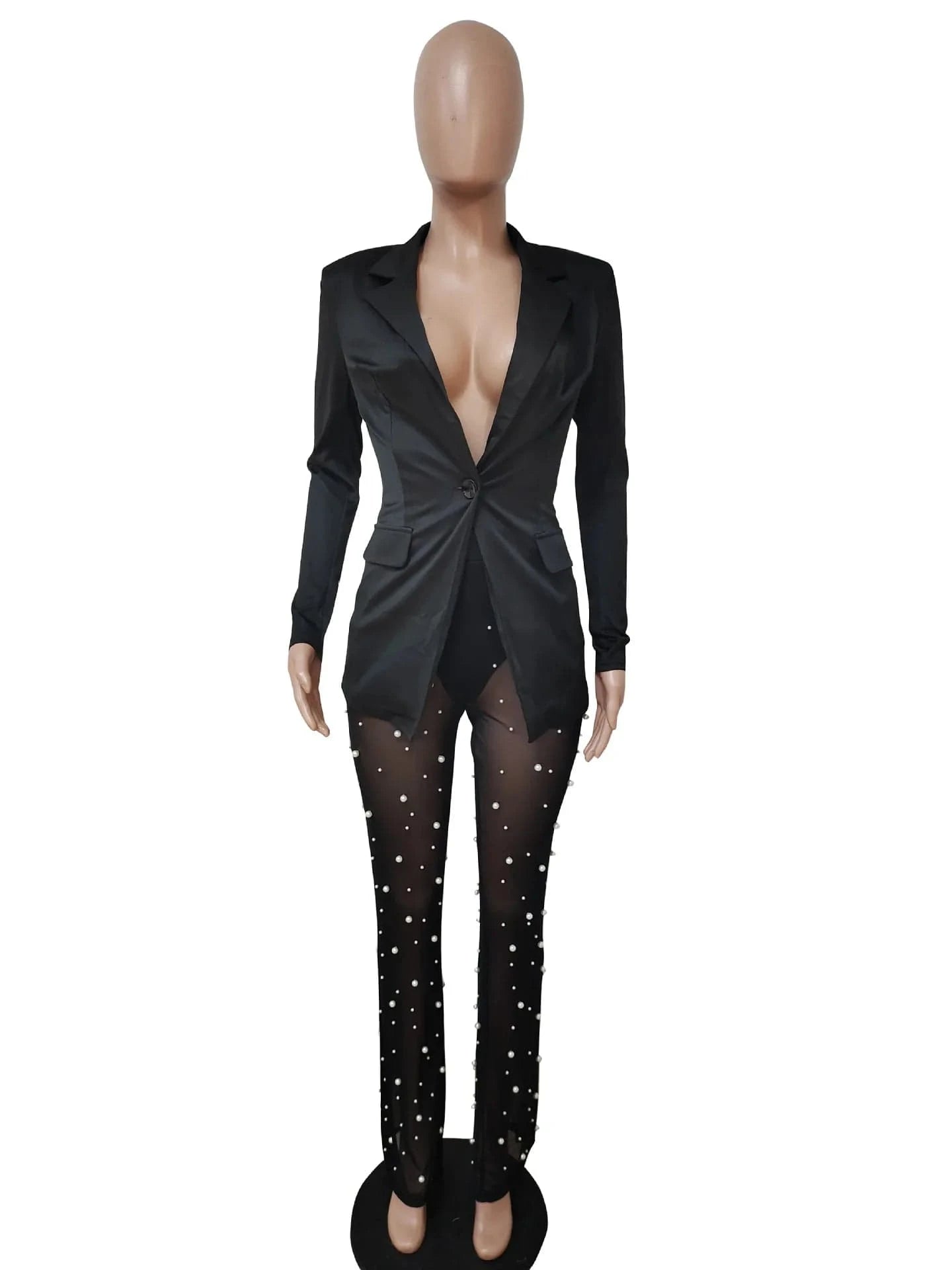 XL / Black ZHEZHE Wholesale Women Clothing 2024 Fashion Blazer And Beaded Mesh Pants Suit Two Piece Outfits Set
