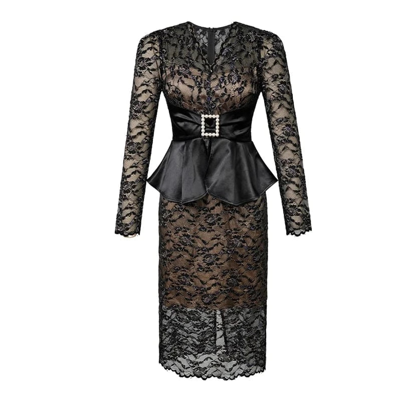 XL / Black ZYHT 2024 20749 Black Lace Patchwork Long Sleeves Floral Embroidered Dress Sheer Layer Sexy Mature Women Slit Dress