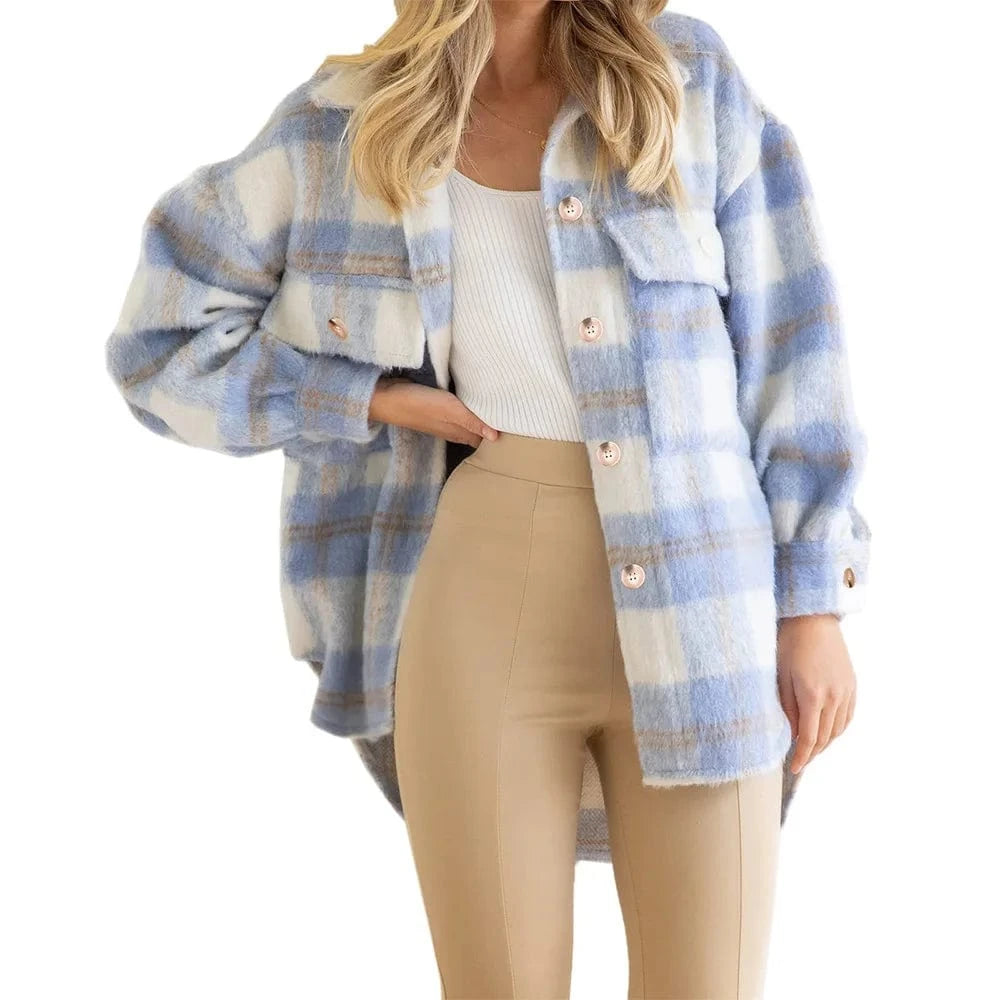 XL / Blue 2024 Autumn and Winter New Women's Clothing Europe and the United States Trend Checkered Mohair Coat Wool Thick Coat