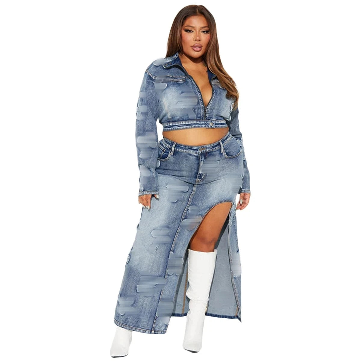 XL / Blue 2024 Latest Women's Denim Matching Sets Crop Jacket Stretch Denim Sets Women Denim Two Piece Jacket Sets
