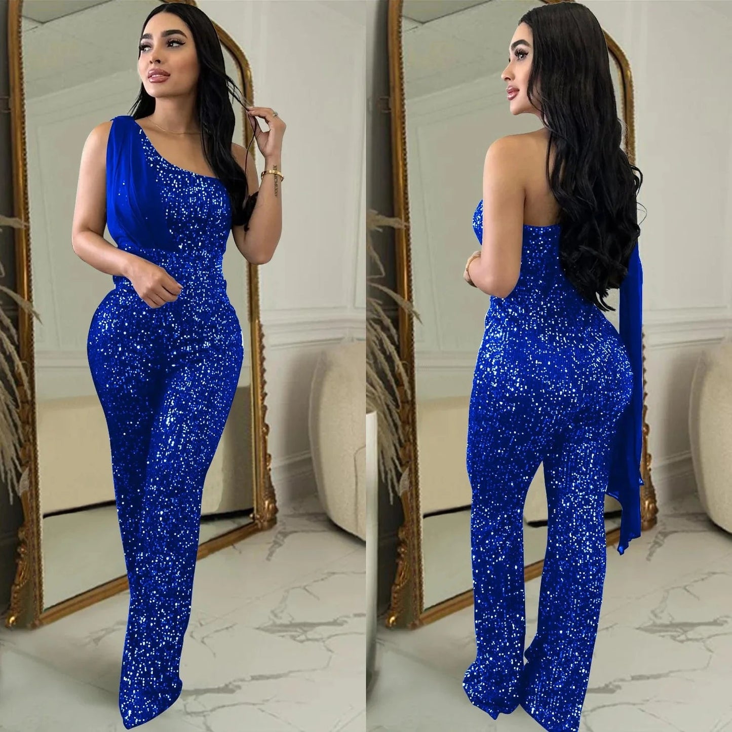 XL / Blue 2024 New European and American Fashion Women's Solid Color Sleeveless Single Shoulder Sequin Pants Women Jumpsuit