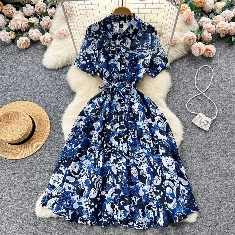 XL / Blue 2024 Summer Dress Short Sleeve Belt Waist Vintage Print Women Dress