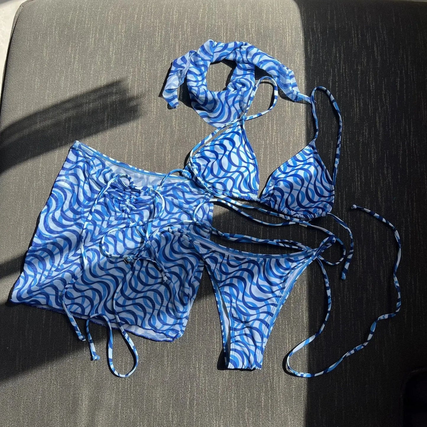 XL / Blue 2024 summer S-XL swimsuit cover ups women beachwear 3 piece bikini set with headband