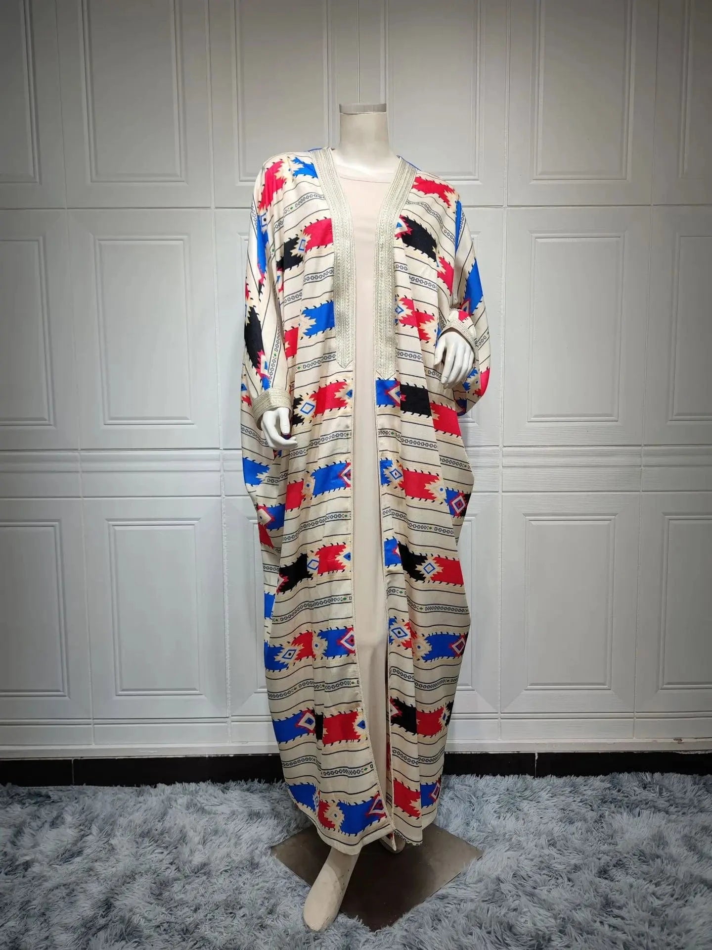 XL / Blue AB198 Traditional Muslim Clothing Middle East Stripe Bat Sleeve Muslim Vest Cardigan Two piece Abaya Set Muslim women Dress