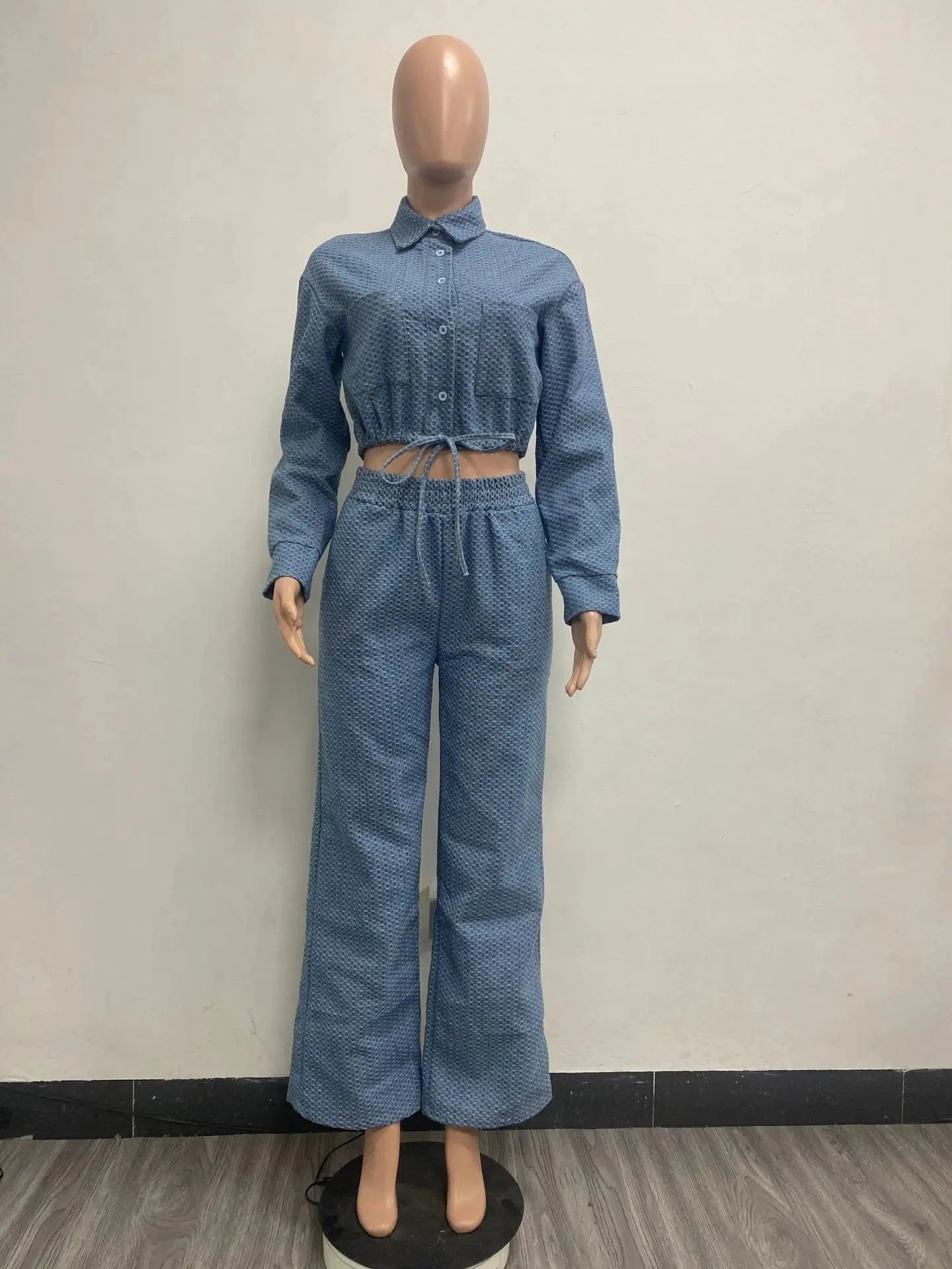 XL / Blue Bomblook C1218ST02 Solid Color Pocket Two Piece Pants Set 2 Piece Drawstring Top Denim 2024 Spring Sets Casual Wear For Women
