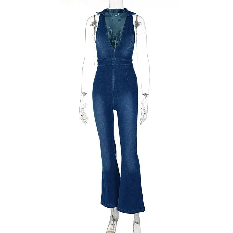 XL / Blue Cotton Elegant Denim Jumpsuit Women Sleeveless Zipper Fashion Hipster Casual High Street Wide Legs Activewear Outfits