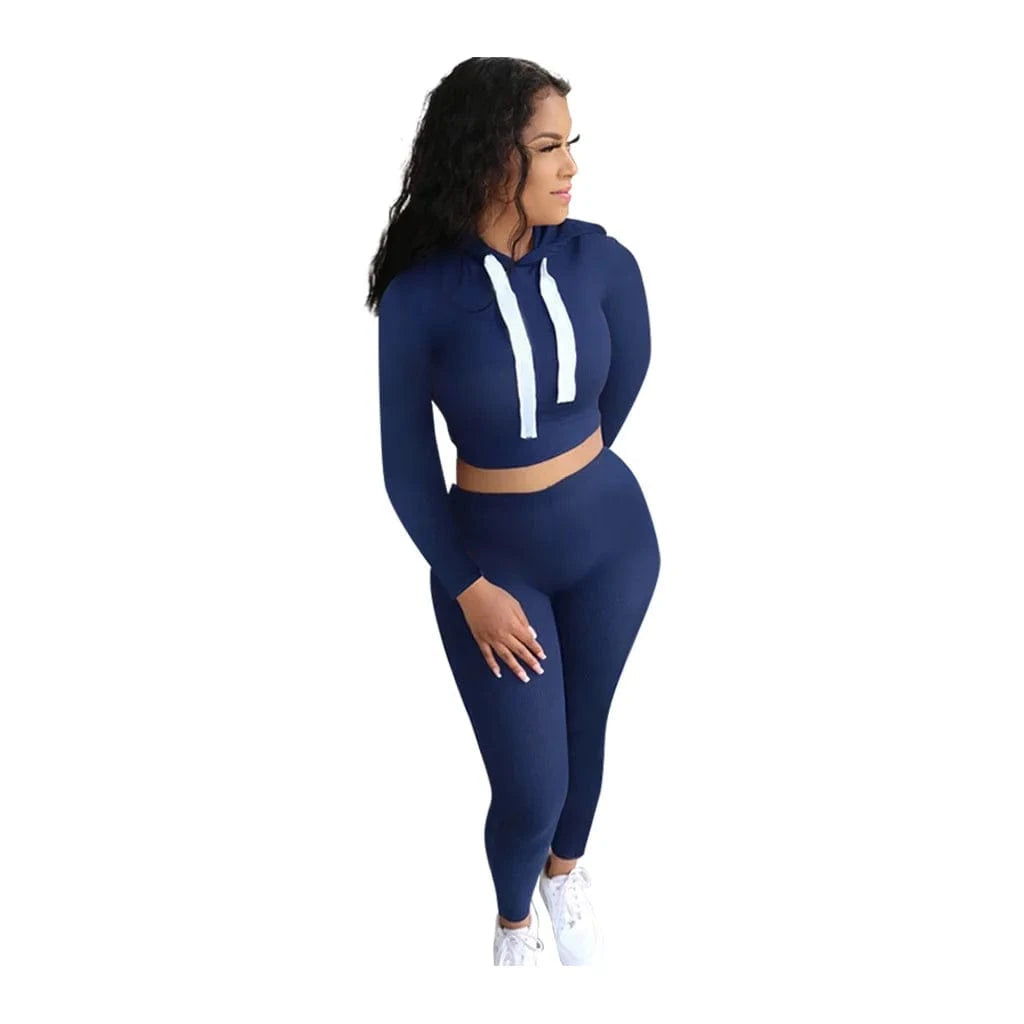 XL / Blue Custom Logo 2 Piece Set Women Hoodies Crop Tops Legging Jogging Pants Suits Streetwear Two Piece Pants Set Tracksuits