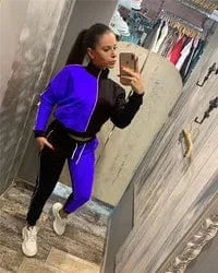 XL / Blue EB-20102601 High Quality Ladies Sweatsuit Long Sleeve Patchwork Jackets Fall Women Two Piece Pants Set