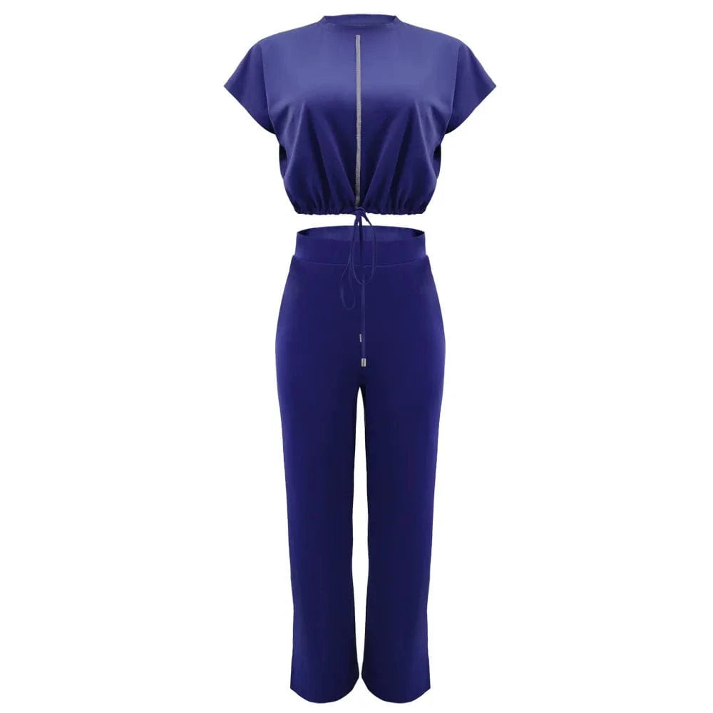 XL / Blue GX10163 New Fashion Ladies Street Wear Short Sleeve Drawstring Cropped Top and Pant 2 Piece Set Women Clothing