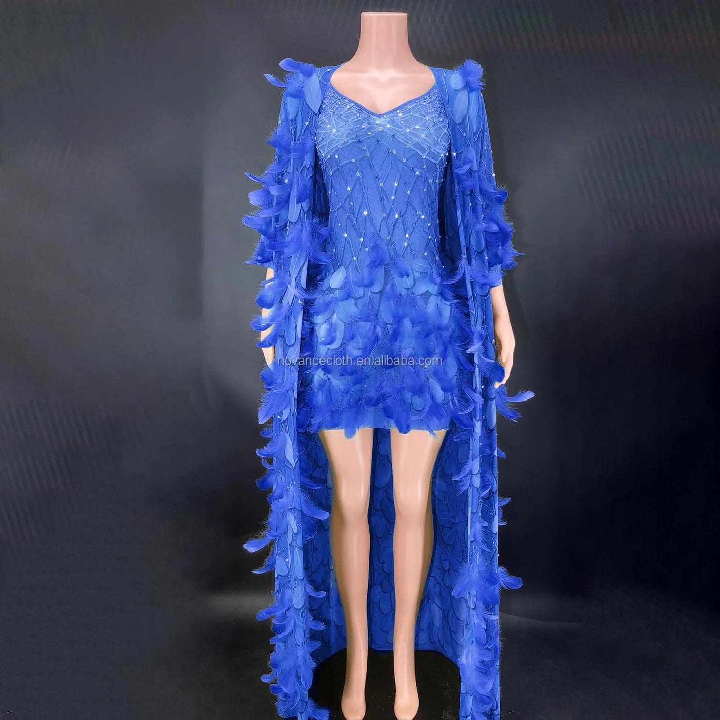 XL / Blue NOVANCE 2024 purple feather sexy mini shiny diamonds elegant evening dress with cape women sling plus size clothes for evening