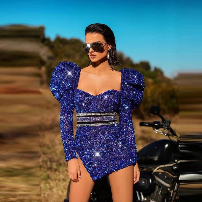 XL / Blue Novance F3019 Vendors For Clothing Shinny Bling Sequin Gala Dress Puff Sleeve High Slit Club Vestidos De Fiesta Mujer Azul Rey