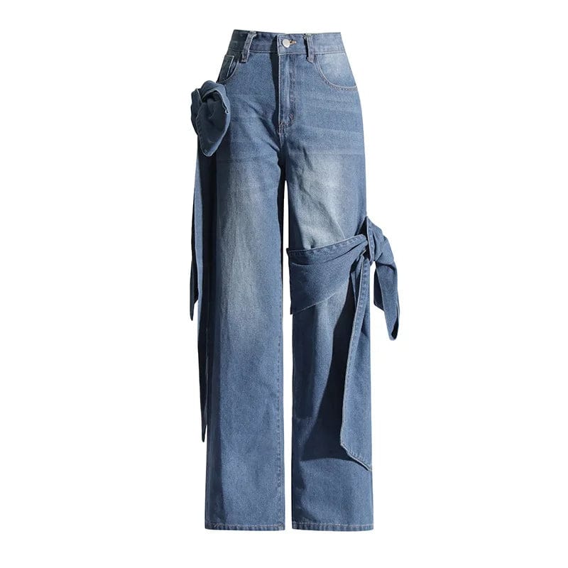 XL / Blue OUDINA 2024 Spring New Retro Washed Pants Distressed Stitching Bow Design High Waist Straight Jeans for Women