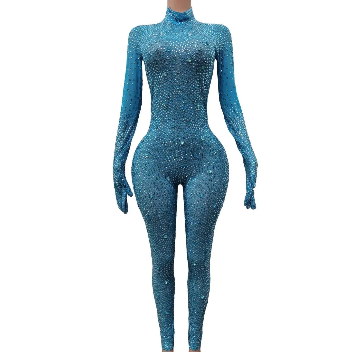XL / Blue Sparkly See Through Crystal One Piece Bodysuit Ladies Rompers Performance Dancer Leotard Plus Size Sexy Diamonds Mesh Jumpsuit