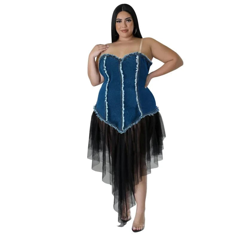 XL / Blue trending products 2024 new arrivals plus size women's halter neck women's patchwork mesh denim dress