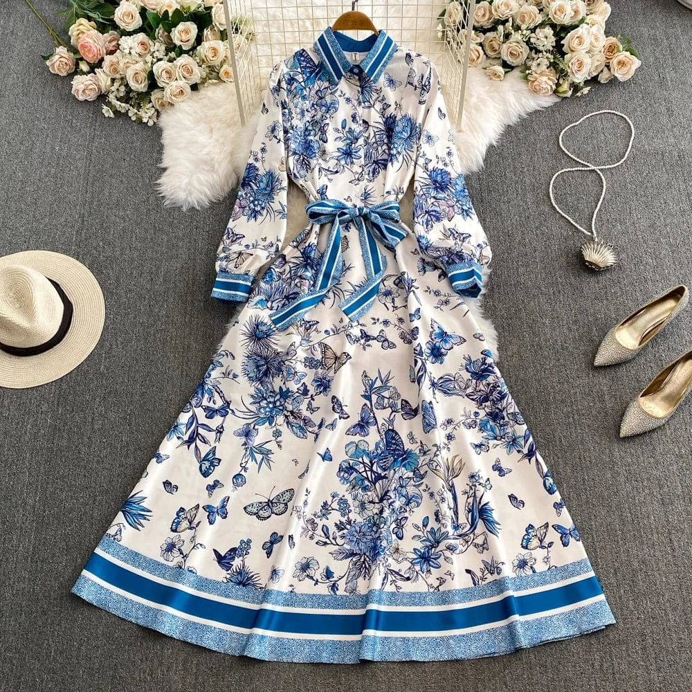XL / Blue Women's fashion print Bohemian long dress autumn winter 2024 plus size maxi long sleeve Large hem dress