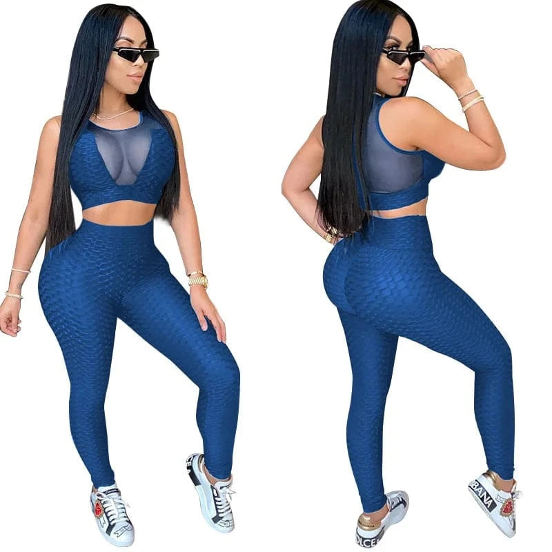 XL / Blue XS-5XL two-piece sports suit female jogging pants 2-piece tight see-through sexy sleeveless yoga sports suit