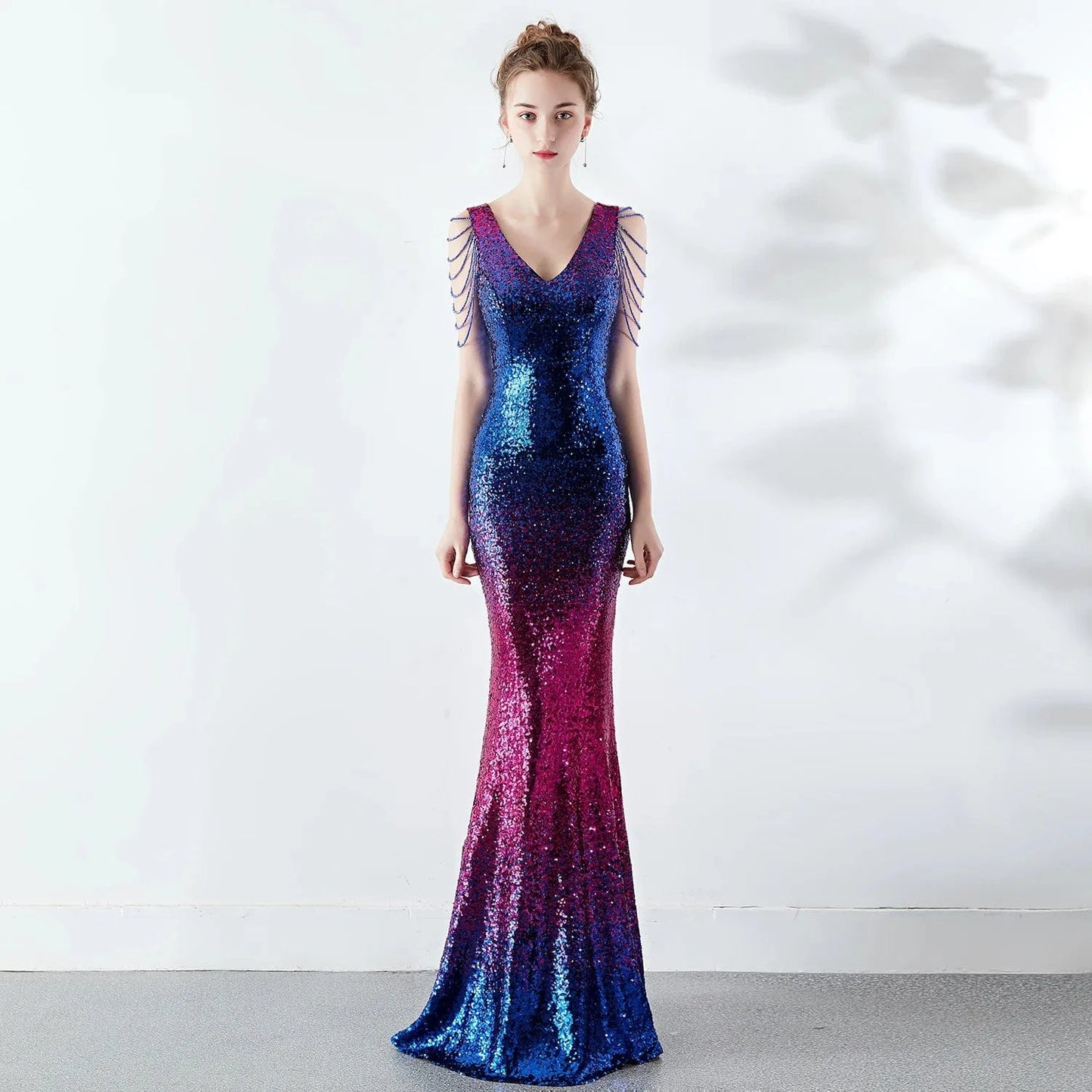 XL / Bluish red blue 16180#6 2024 New Women Annual Party Hosting Club Evening Gradient Crystal Chain Sexy Slim-fit Party Dress