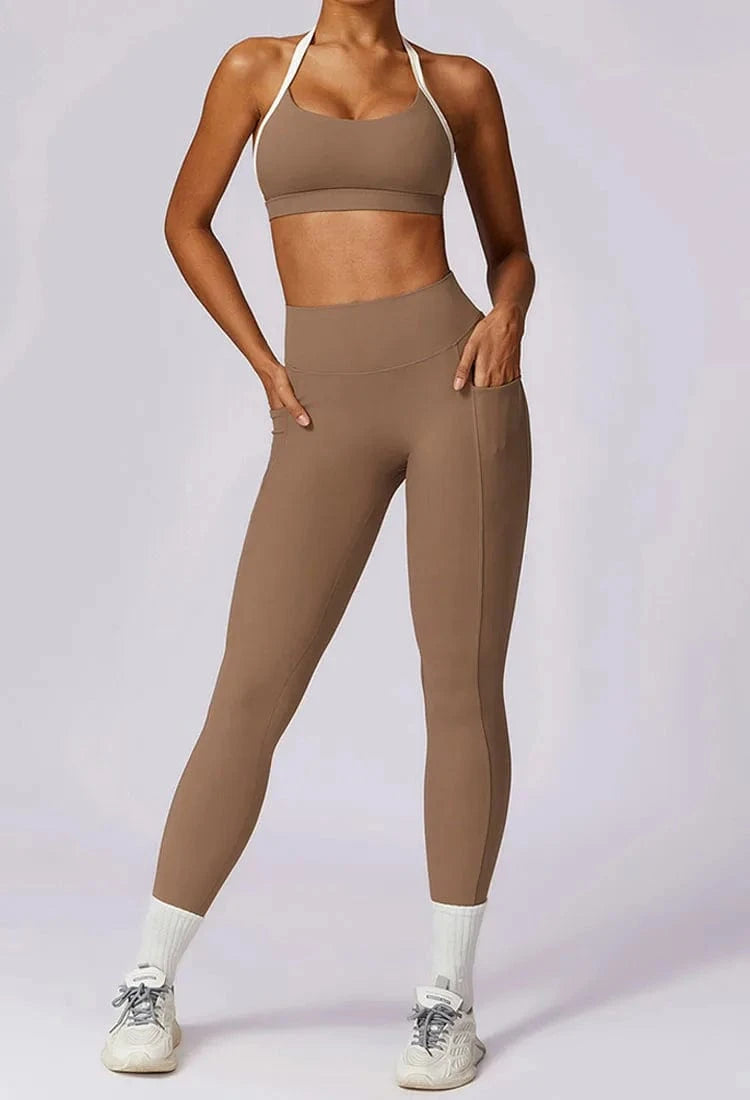 XL / Bra Brown 2024 Custom Women's Workout sets Bra for women Backless High Waist Long-sleeved top Women sportswear Leggings 2 Pieces Yoga set