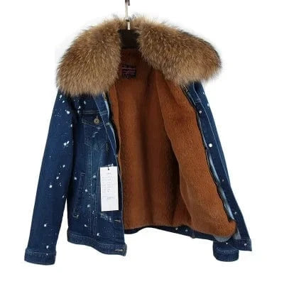 XL / Brown 2 Women Denim coat Faux fur thick lining coat raccoon fur Big collar bomber jacket
