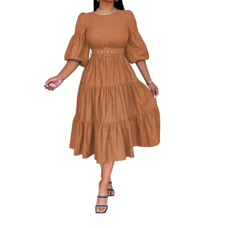 XL / Brown 2023 Fall Summer New Women Jean Dresses Fashion Round Neck Denim Jean's Dresses for Ladies Pleated Swing Denim Dress