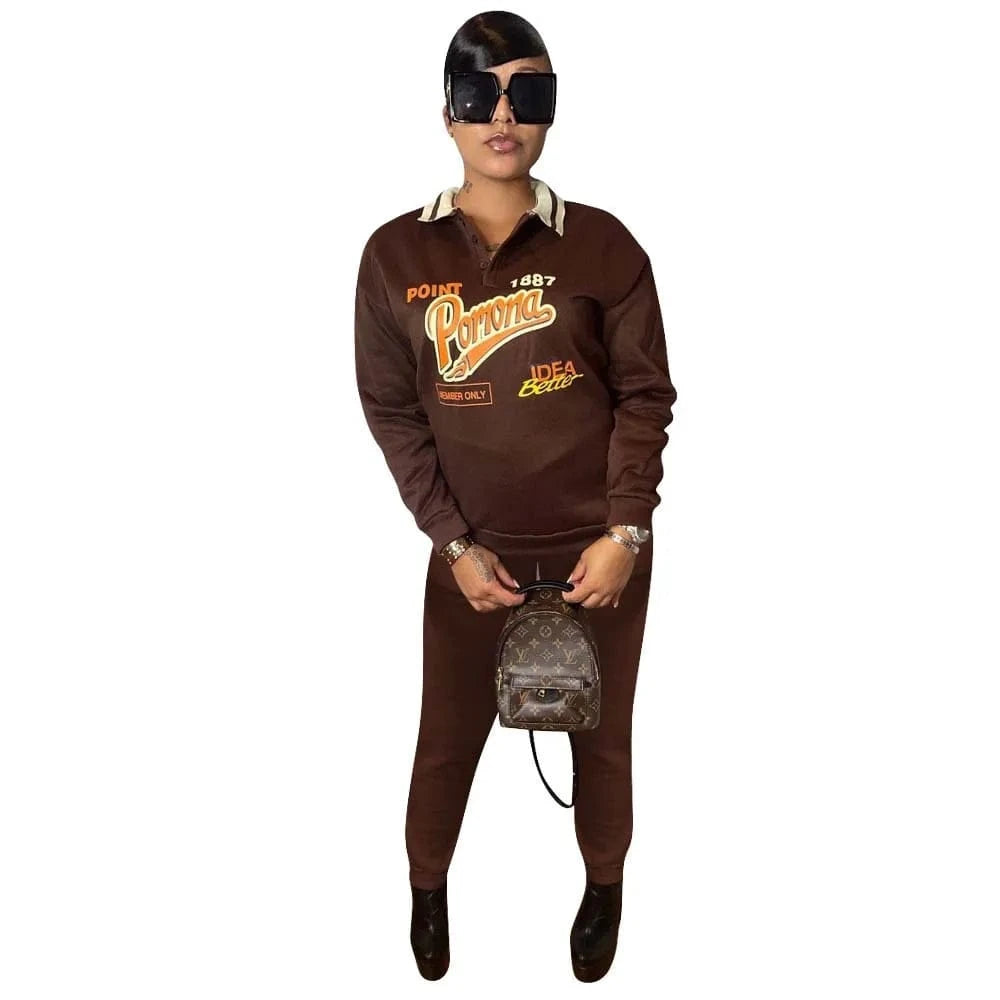 XL / Brown Fashion Women Clothes 2 Piece Jogger Sets Winter Sweatshirt Print Hoodie Jogging Sets Cotton Polyester Polo Sweat Suits