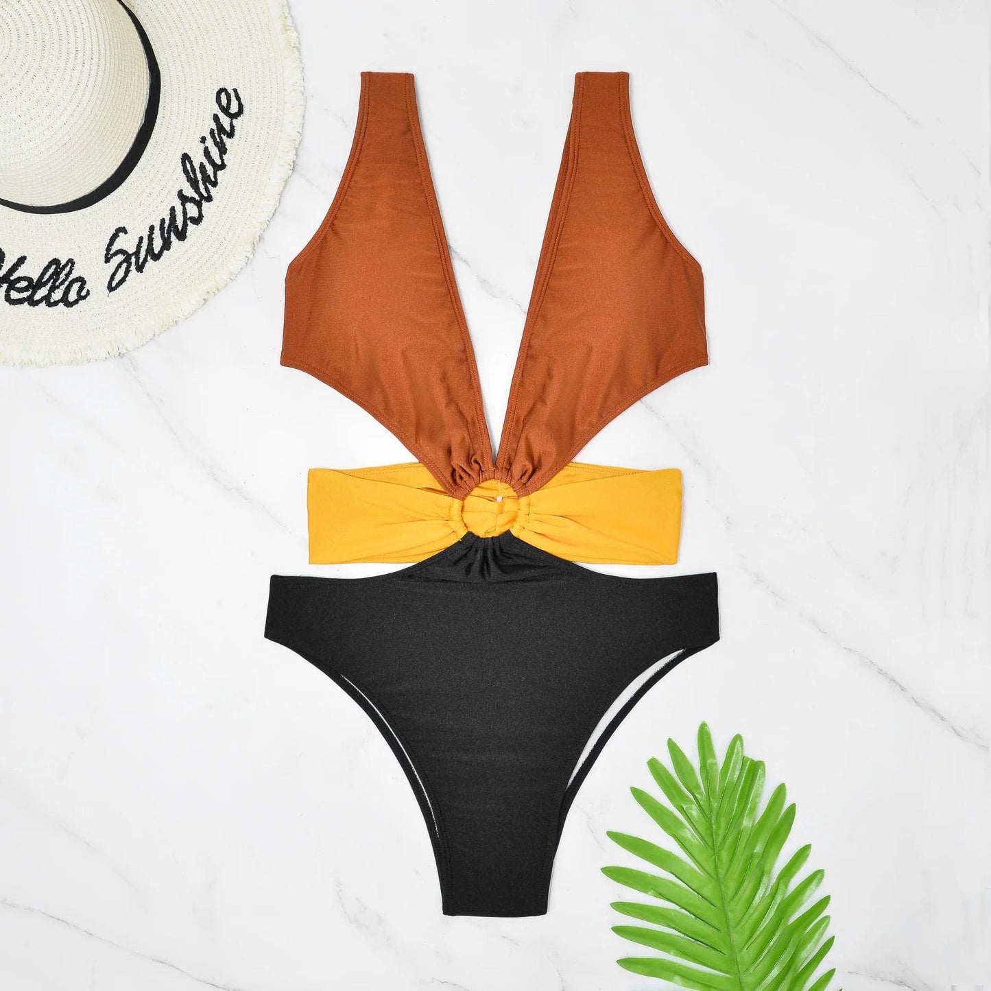 XL / Brown One Piece Swimsuit 2024 Cut Out Sexy Swimwear Women Swimsuit Backless Bathing Suit Monokini Swim