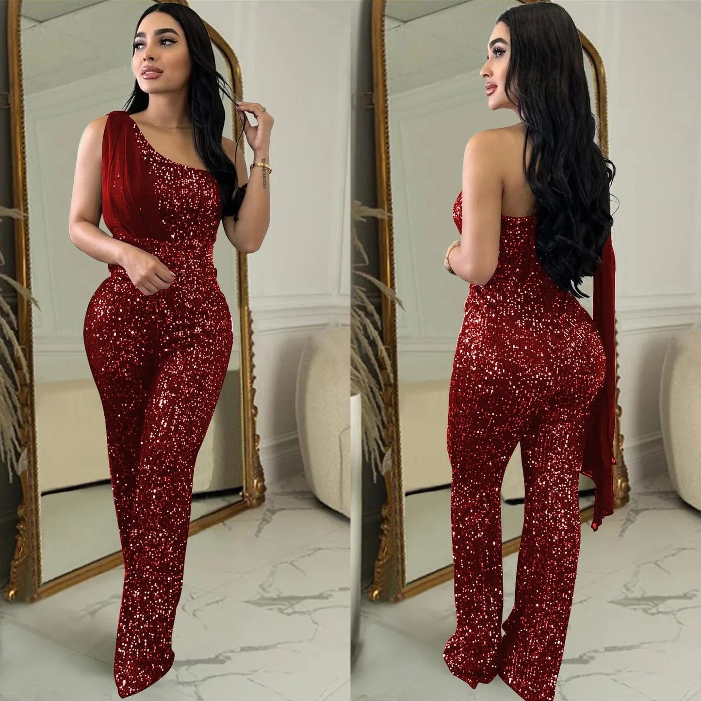 XL / Burgundy 2024 New European and American Fashion Women's Solid Color Sleeveless Single Shoulder Sequin Pants Women Jumpsuit