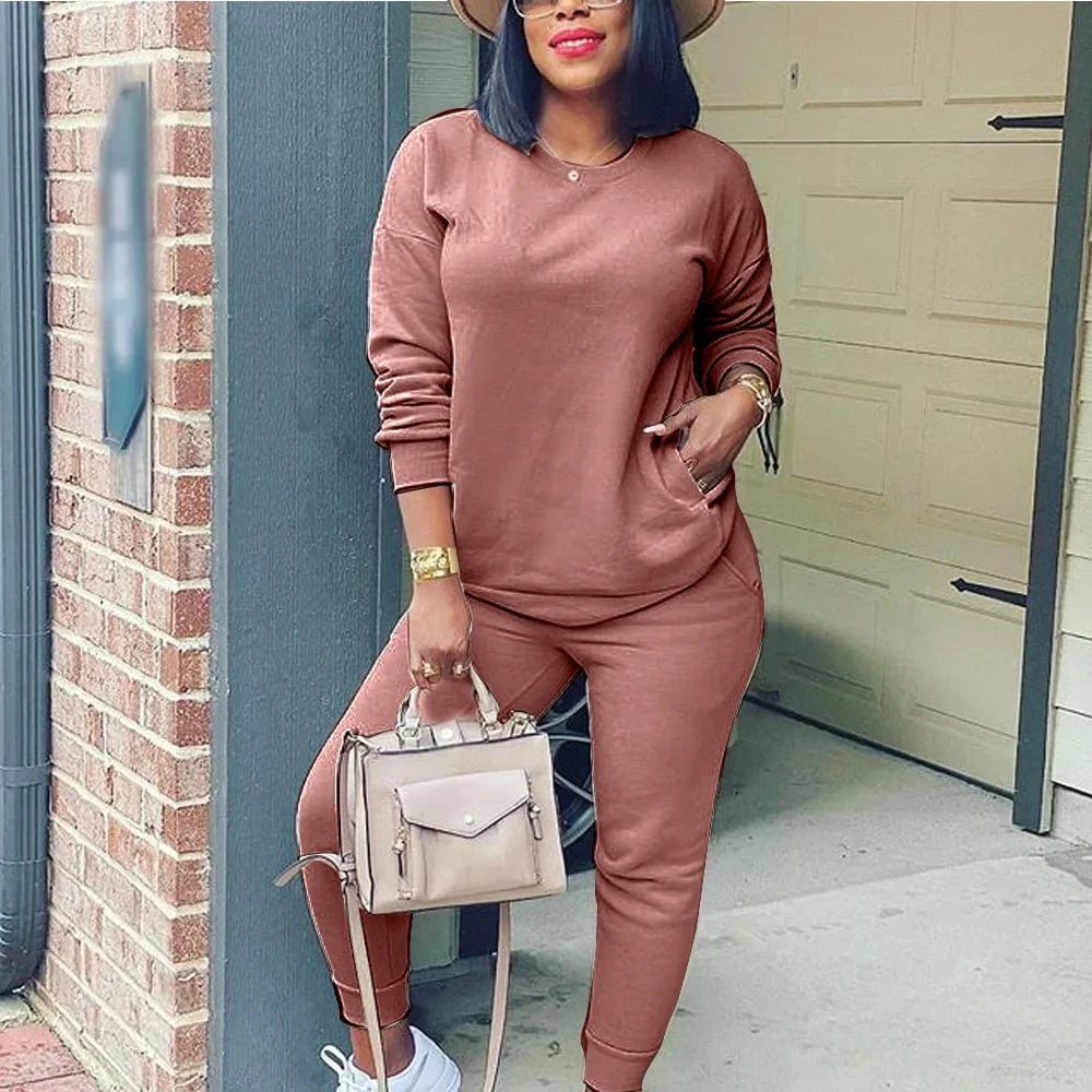 XL / Burgundy New 2024 Fall Autumn 2 Piece Long Sleeve Sport Casual Solid Colors Cotton Two Piece Pants Set Tracksuit Women Jogger Suit Sets