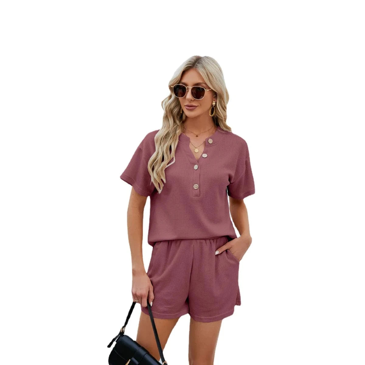 XL / Burgundy Two-piece Shorts Set Women's Clothing 2024 Spring Summer New in Solid Color Casual Home Clothing Two Piece Sets Women Outifit