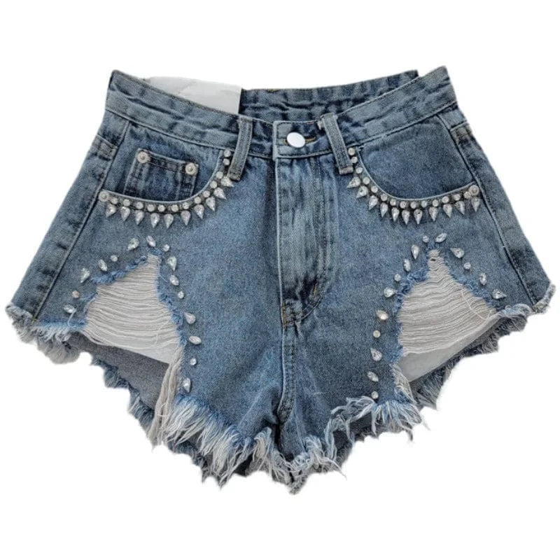 XL / C316PT Blue Bomblook C316PT 2024 Summer Ripped Shorts Denim Patchwork High Waist Shorts For Women Diamond Jean Shorts With Pockets