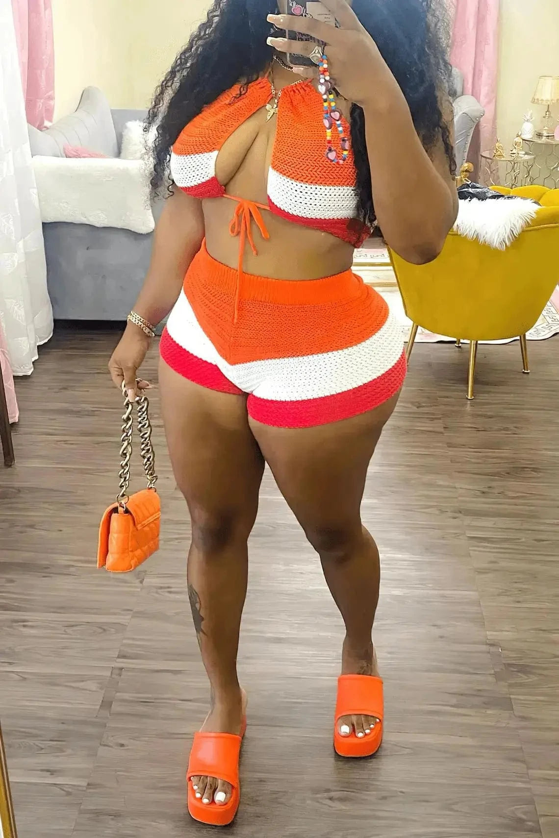 XL / C611ST Multi color Bomblook C611ST Patchwork Women's Sets Sexy Lace Up Tank Top With Shorts Print 2 Piece Set Women Summer Streetwear