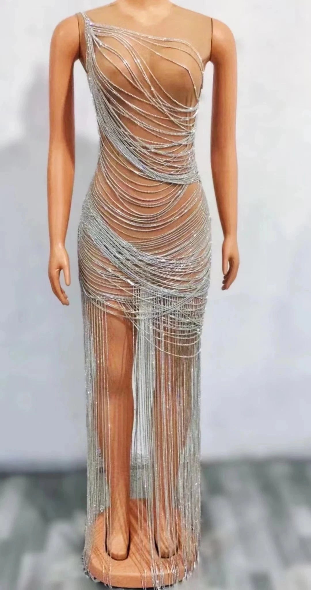 XL / Champagne Saias Luxury Mesh See Through Rhinestones Chains Tassel Sexy Club Dresses Women Birthday Party Gowns Maxi Prom Evening Dress