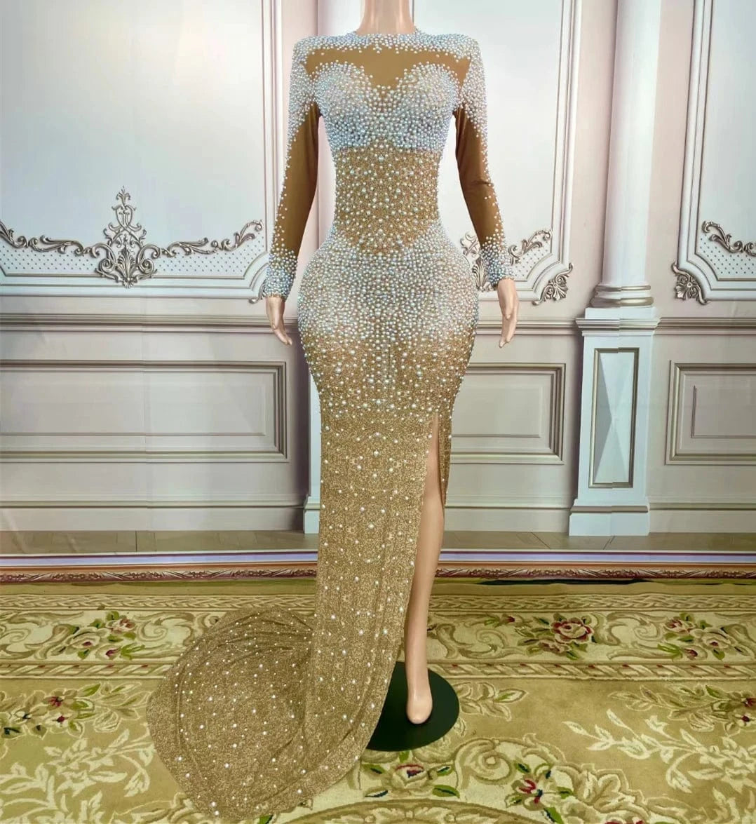 XL / Champagne Saias Transparent Long Sleeve Rhinestone Pearl Formal Banquet Ball Gowns Birthday Party Prom Mermaid Dress Women Evening Dress