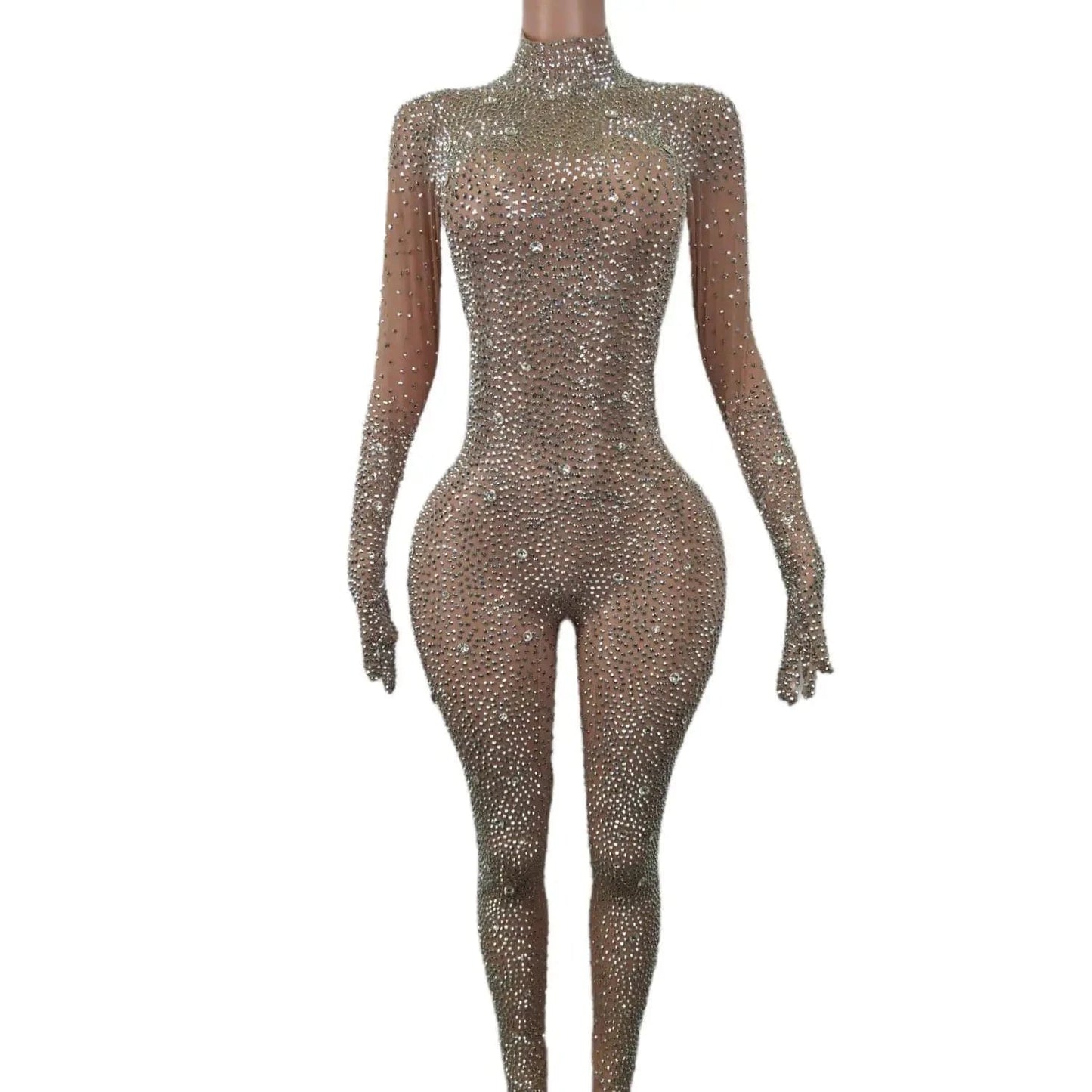 XL / Champagne Sparkly See Through Crystal One Piece Bodysuit Ladies Rompers Performance Dancer Leotard Plus Size Sexy Diamonds Mesh Jumpsuit