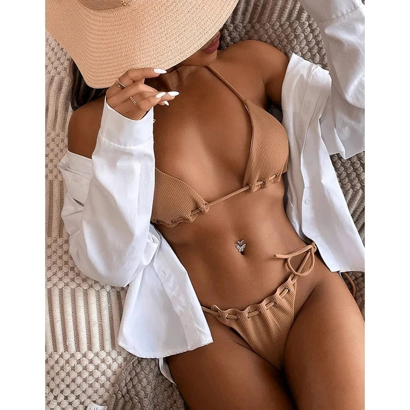 XL / Coffee Drawstring Bandage Bikini Set Women Swimwear 2024 NWTw Halter Bra Thong Two Pieces Swimsuit Summer Sexy Bathing Suit Beachwear