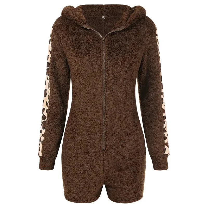 XL / coffee Women's clothing 2024 autumn winter tight hooded pajamas autumn winter leopard print Jumpsuit