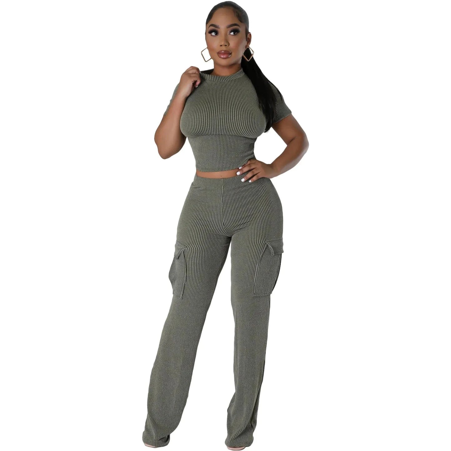 XL / Color 1 Liu Ming Wholesale 2024 Summer Women Casual Solid Color Two Piece Short Sleeve Tops High Waist Wide Leg Pants Suit