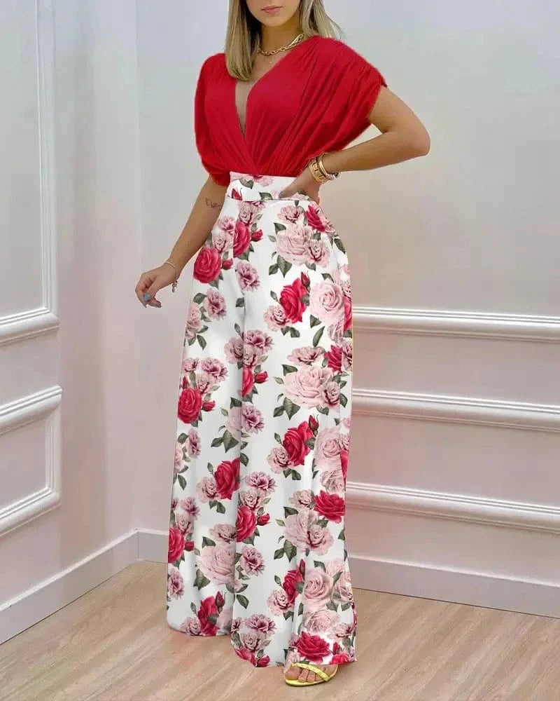 XL / color 3 New Printed Floral Doll Sleeve Top Wide Leg Pants Two Piece Set Summer Women Outfits 2 Piece Set