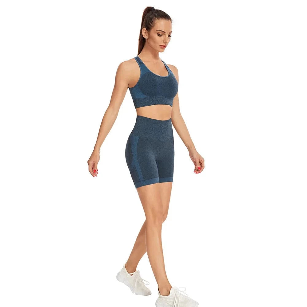 XL / Dark blue 2024 new seamless knitting suit women's Sexy Sports short sleeve shorts Yoga suit